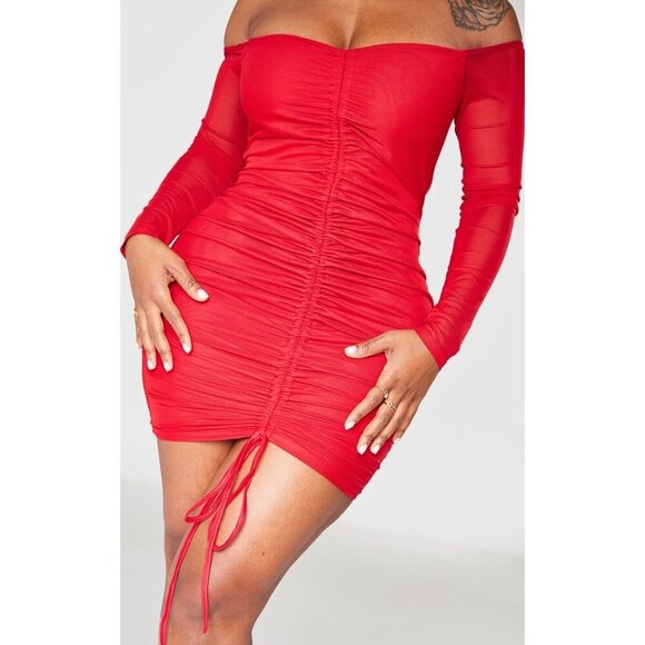 NWT Prettylittlething Plus Size Ruched Bardot Red Dress - Picture 1 of 8